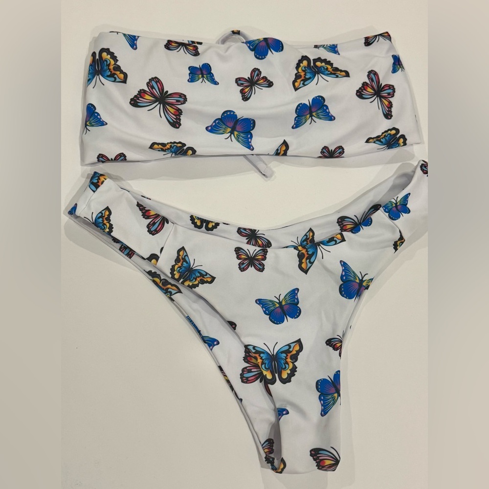 ZAFUL Butterfly Bikini Set White Medium Bandeau Cheeky Two Piece Swimsuit